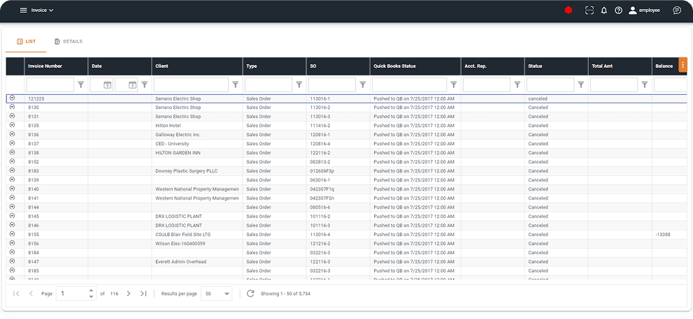 Invoice list interface