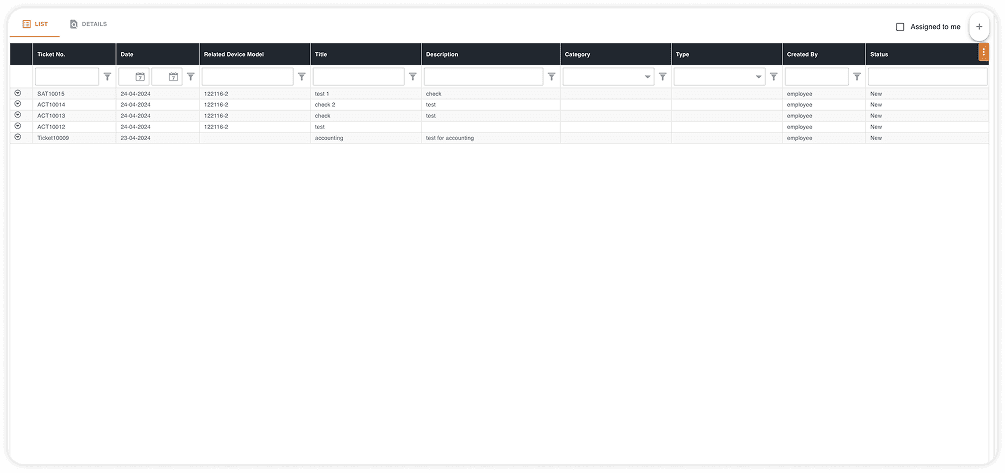 Accounting ticket list interface